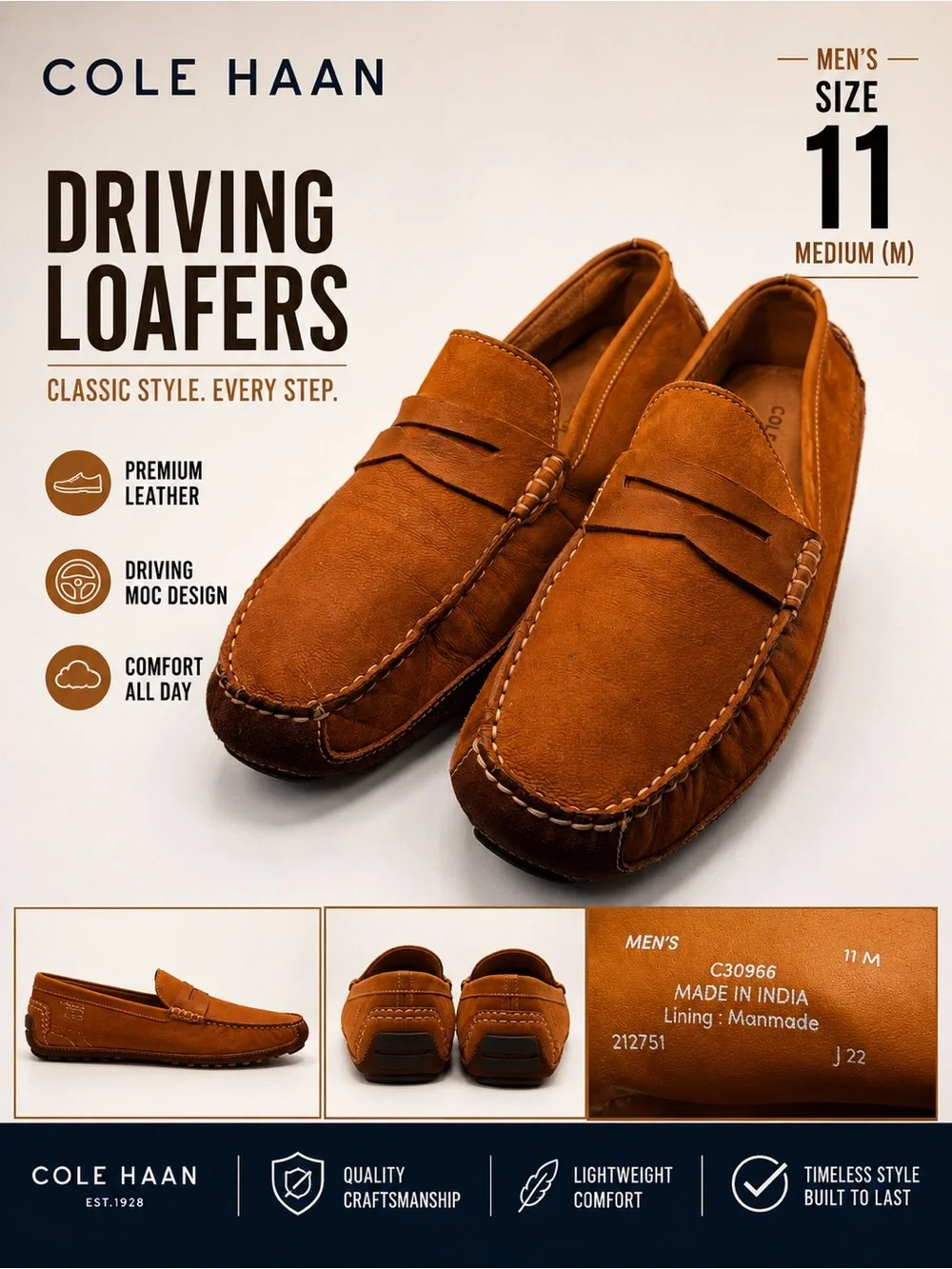 Cole Haan Men’s Size 11M Brown Leather Penny Driving Loafers Moccasins C30966